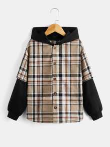 SHEIN 男孩格紋落肩袖連帽襯衫