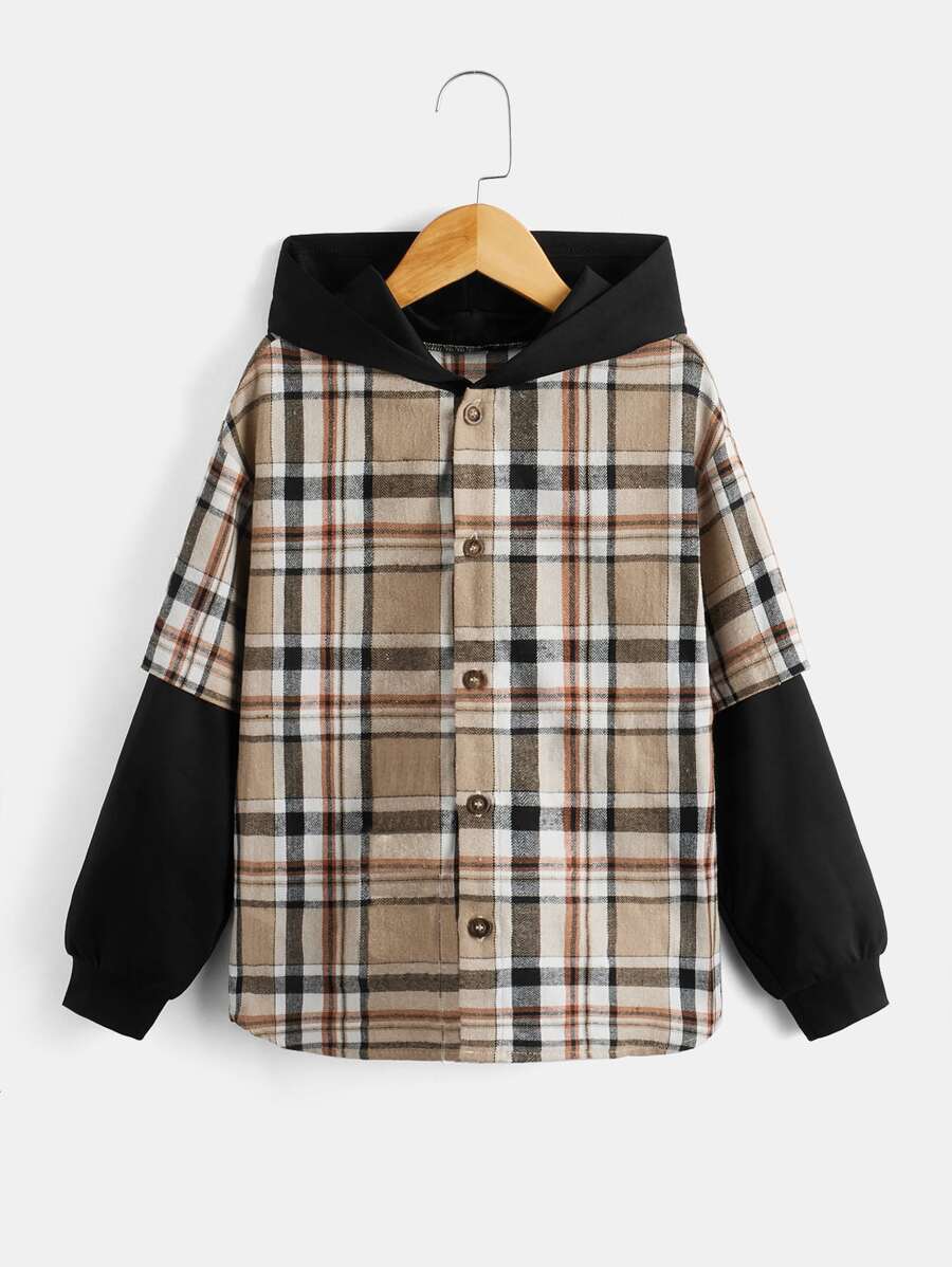 SHEIN 男孩格紋落肩袖連帽襯衫