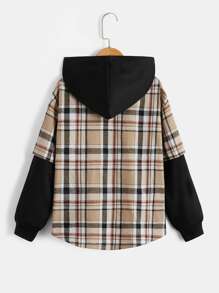 SHEIN 男孩格紋落肩袖連帽襯衫