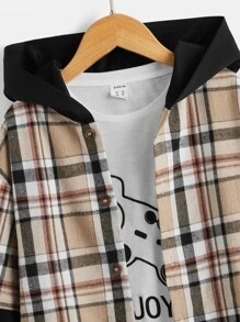 SHEIN 男孩格紋落肩袖連帽襯衫