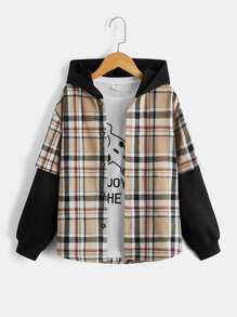 SHEIN 男孩格紋落肩袖連帽襯衫