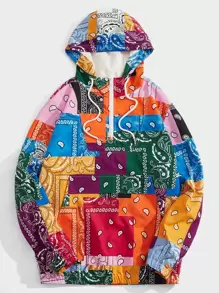 Manfinity VCAY 男士佩斯利色塊拼接圖案抽繩連帽夾克 - 彩色 - 查看 1