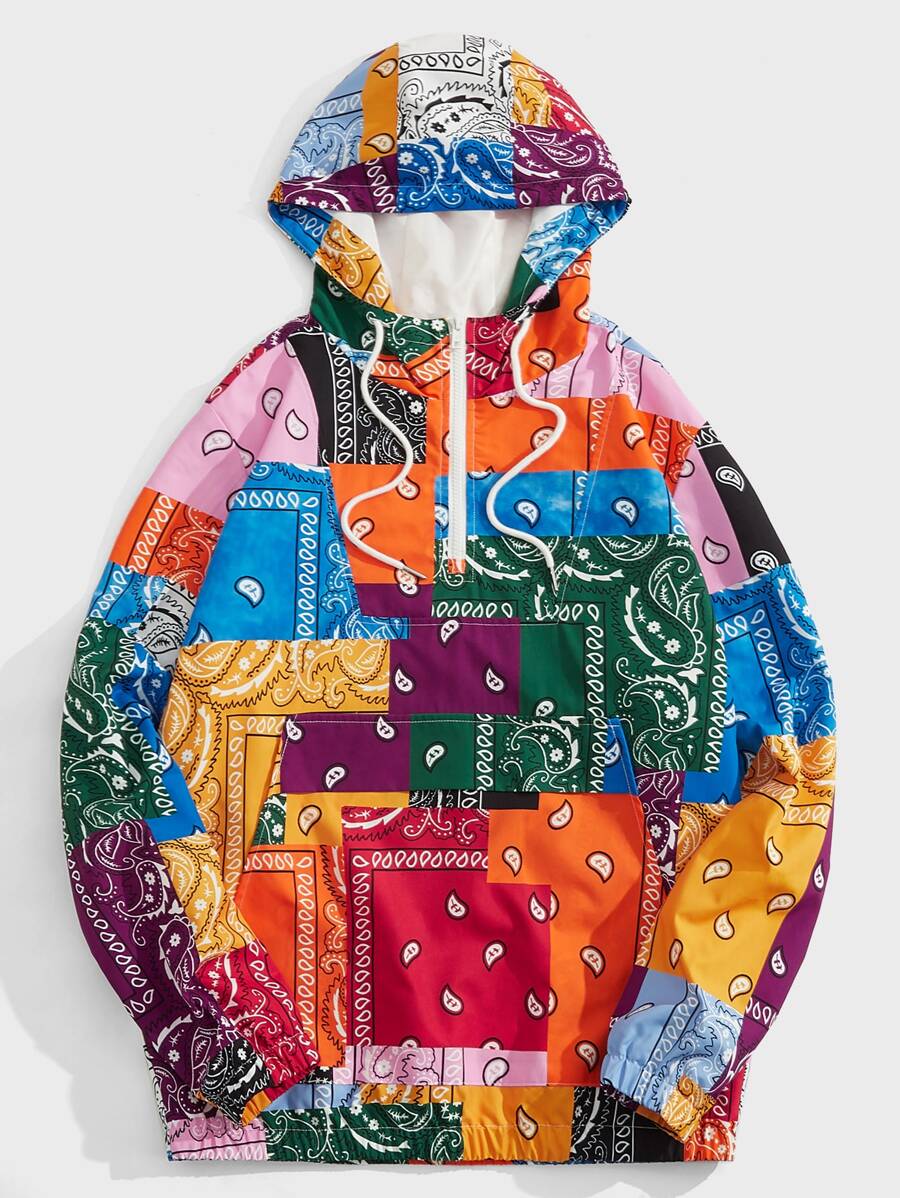 Manfinity VCAY 男士佩斯利色塊拼接圖案抽繩連帽夾克 - 彩色 - 查看 1