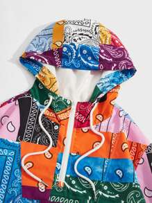 Manfinity VCAY 男士佩斯利色塊拼接圖案抽繩連帽夾克 - 彩色 - 查看 4