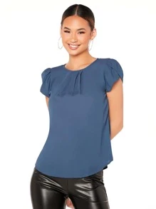 SHEIN Privé Keyhole Back Puff Sleeve Top - Dusty Blue - View 1