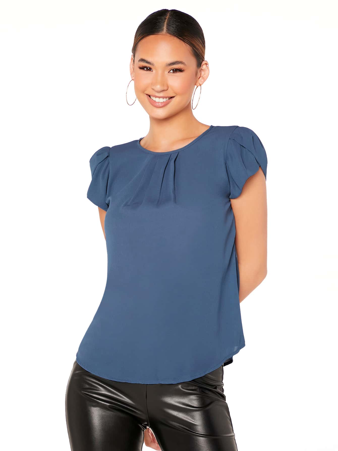 SHEIN Privé Keyhole Back Puff Sleeve Top - Dusty Blue - View 1