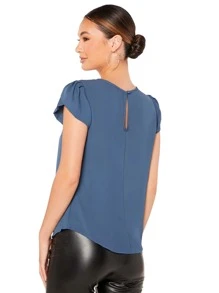 SHEIN Privé Keyhole Back Puff Sleeve Top - Dusty Blue - View 2