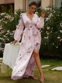 Missord Allover Print Split Thigh Dress - Pink - View 1