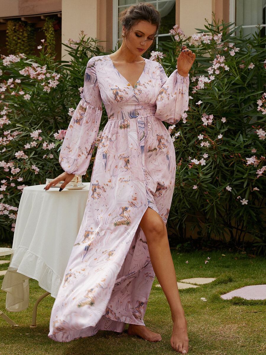 Missord Allover Print Split Thigh Dress - Pink - View 1