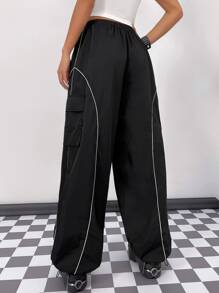 SHEIN ICON Gorpcore Contrast Piping Flap Pocket Parachute Pants - Black - View 2