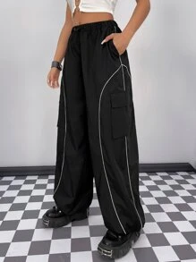 SHEIN ICON Gorpcore Contrast Piping Flap Pocket Parachute Pants - Black - View 3