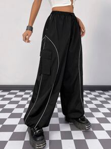 SHEIN ICON Gorpcore Contrast Piping Flap Pocket Parachute Pants - Black - View 4