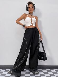 SHEIN ICON Gorpcore Contrast Piping Flap Pocket Parachute Pants - Black - View 5