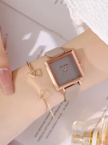 1pc Square Pointer Quartz Watch & 1pc Bracelet