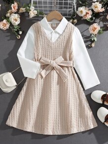 Toddler Girls Colourblock Belted 2 In 1 Dress - Apricot - View 1