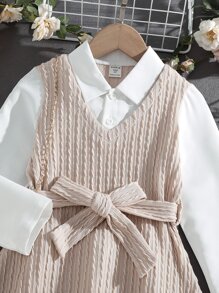 Toddler Girls Colourblock Belted 2 In 1 Dress - Apricot - View 3