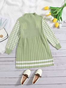 SHEIN Toddler Girls Houndstooth & Striped Pattern Mock Neck Jumper Dress - Green - View 1