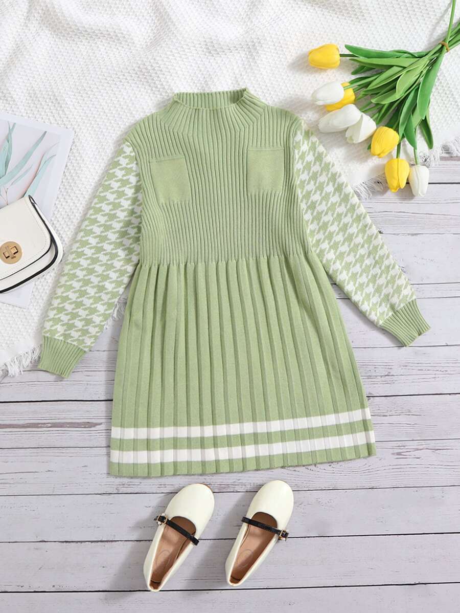 SHEIN Toddler Girls Houndstooth & Striped Pattern Mock Neck Jumper Dress - Green - View 1