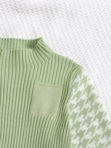 SHEIN Toddler Girls Houndstooth & Striped Pattern Mock Neck Jumper Dress - Green - View 3