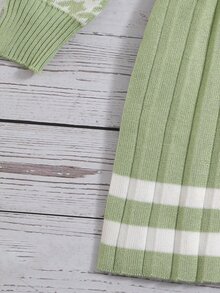 SHEIN Toddler Girls Houndstooth & Striped Pattern Mock Neck Jumper Dress - Green - View 4