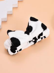 1入組奶牛圖案蝴蝶結裝飾淋浴髮帶可愛彈性蝴蝶結髮帶柔軟滌綸髮帶適合女士 - 黑與白 - 查看 3