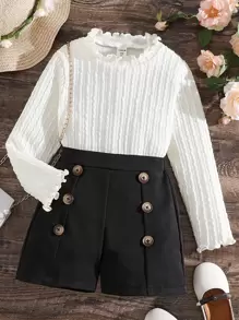 SHEIN Young Girl Lettuce Trim Textured Top & Shorts - Blue and White - View 1