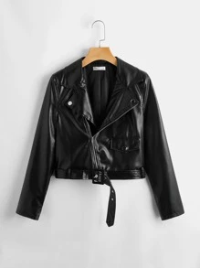 SHEIN Leap Crew 青少年女孩拉鏈開襟腰帶PU皮革機車夾克
