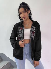SHEIN Coolane Capucha esqueleto con con mariposa con diamante de imitación con cremallera con cordón - Negro - Ver 4