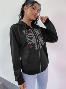 SHEIN Coolane Capucha esqueleto con con mariposa con diamante de imitación con cremallera con cordón - Negro - Ver 1