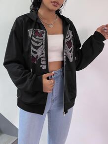SHEIN Coolane Capucha esqueleto con con mariposa con diamante de imitación con cremallera con cordón - Negro - Ver 3