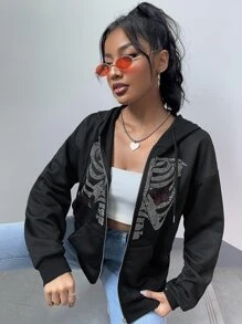 SHEIN Coolane Capucha esqueleto con con mariposa con diamante de imitación con cremallera con cordón - Negro - Ver 5