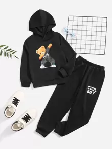 SHEIN Boys Cartoon Graphic Hoodie & Joggers - Black - View 5