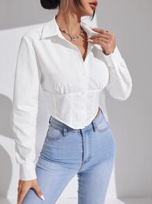 SHEIN Essnce Solid Button Front Crop Shirt - White - View 3