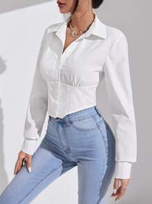 SHEIN Essnce Solid Button Front Crop Shirt - White - View 4