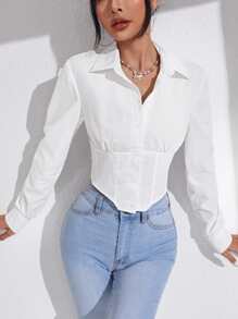 SHEIN Essnce Solid Button Front Crop Shirt - White - View 1
