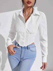 SHEIN Essnce Solid Button Front Crop Shirt - White - View 5