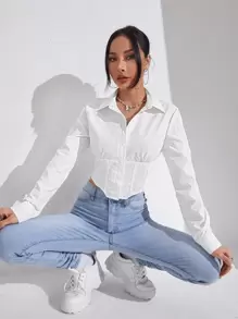 SHEIN Essnce Solid Button Front Crop Shirt - White - View 6