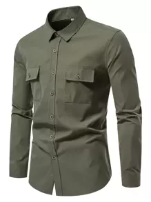 Manfinity Homme Men Flap Pocket Solid Shirt - Army Green - View 1