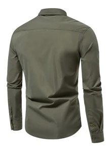 Manfinity Homme Men Flap Pocket Solid Shirt - Army Green - View 2