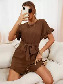 Tie Front Ruffle Hem Batwing Sleeve Romper - Coffee Brown - View 1
