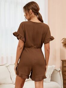 Tie Front Ruffle Hem Batwing Sleeve Romper - Coffee Brown - View 2