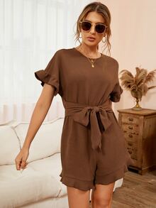 Tie Front Ruffle Hem Batwing Sleeve Romper - Coffee Brown - View 4