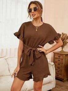 Tie Front Ruffle Hem Batwing Sleeve Romper - Coffee Brown - View 6