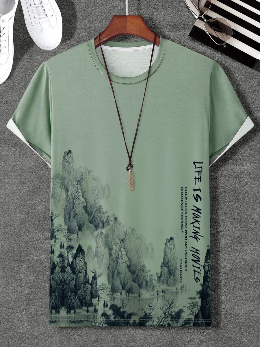 Manfinity Homme Men Random Mountain & Slogan Graphic Tee Without Necklace - Army Green - View 1