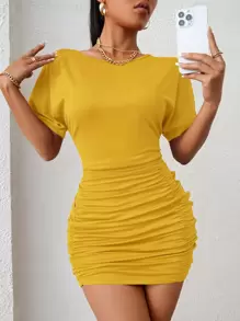 SHEIN Privé Ruched Batwing Sleeve Dress - Yellow - View 1