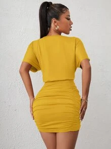 SHEIN Privé Ruched Batwing Sleeve Dress - Yellow - View 2