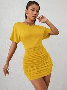 SHEIN Privé Ruched Batwing Sleeve Dress - Yellow - View 5