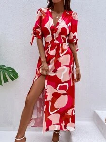 SHEIN VCAY Graphic Print Button Front Shirt Dress - Multicolor - View 4