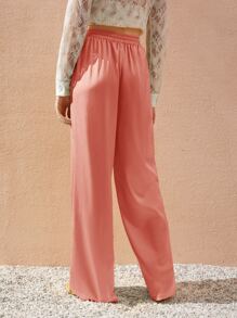 SHEIN Unity Drawstring Waist Slant Pocket Satin Trousers - Coral Orange - View 3