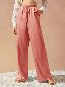 SHEIN Unity Drawstring Waist Slant Pocket Satin Trousers - Coral Orange - View 4